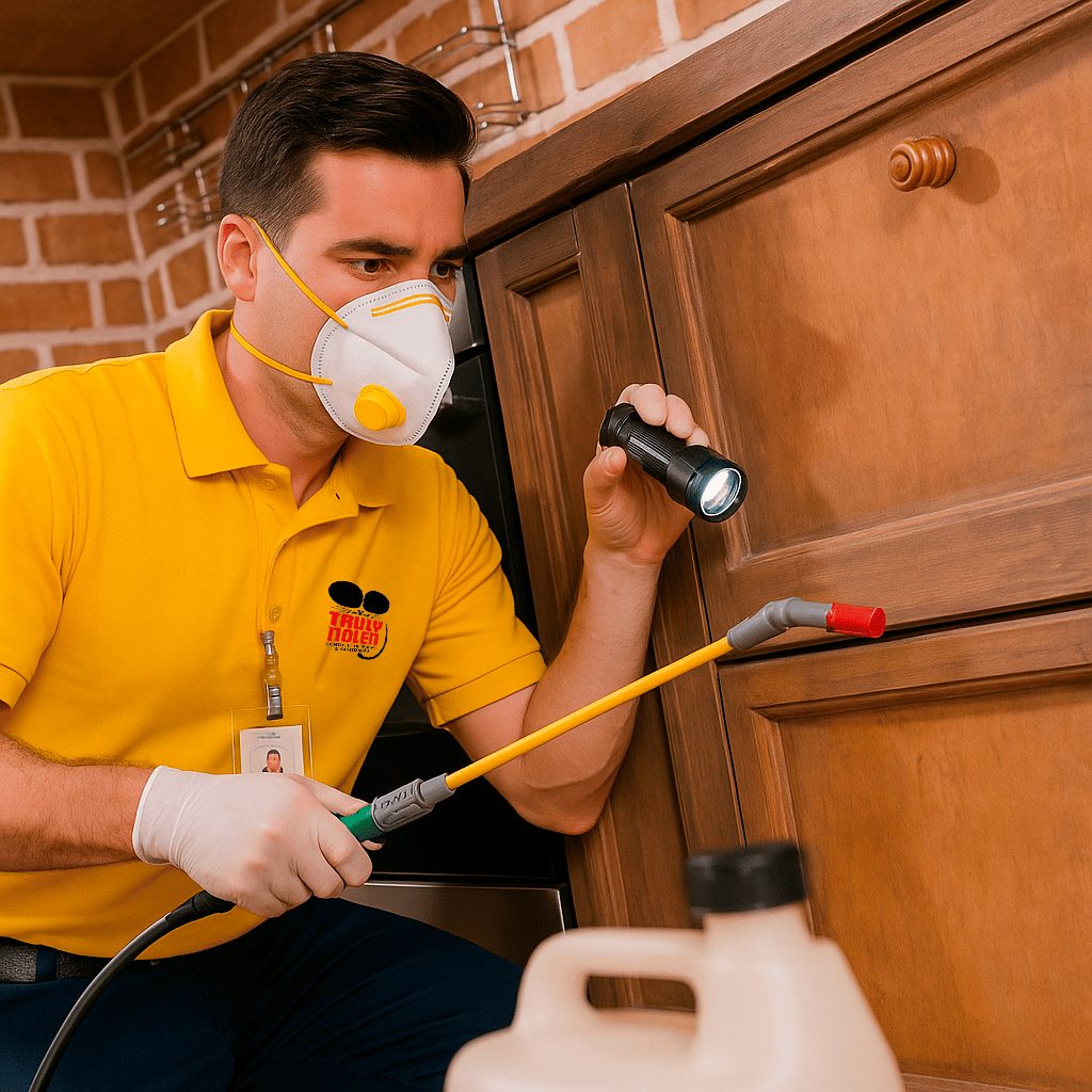 Técnico Truly Nolen em atendimento de dedetização
